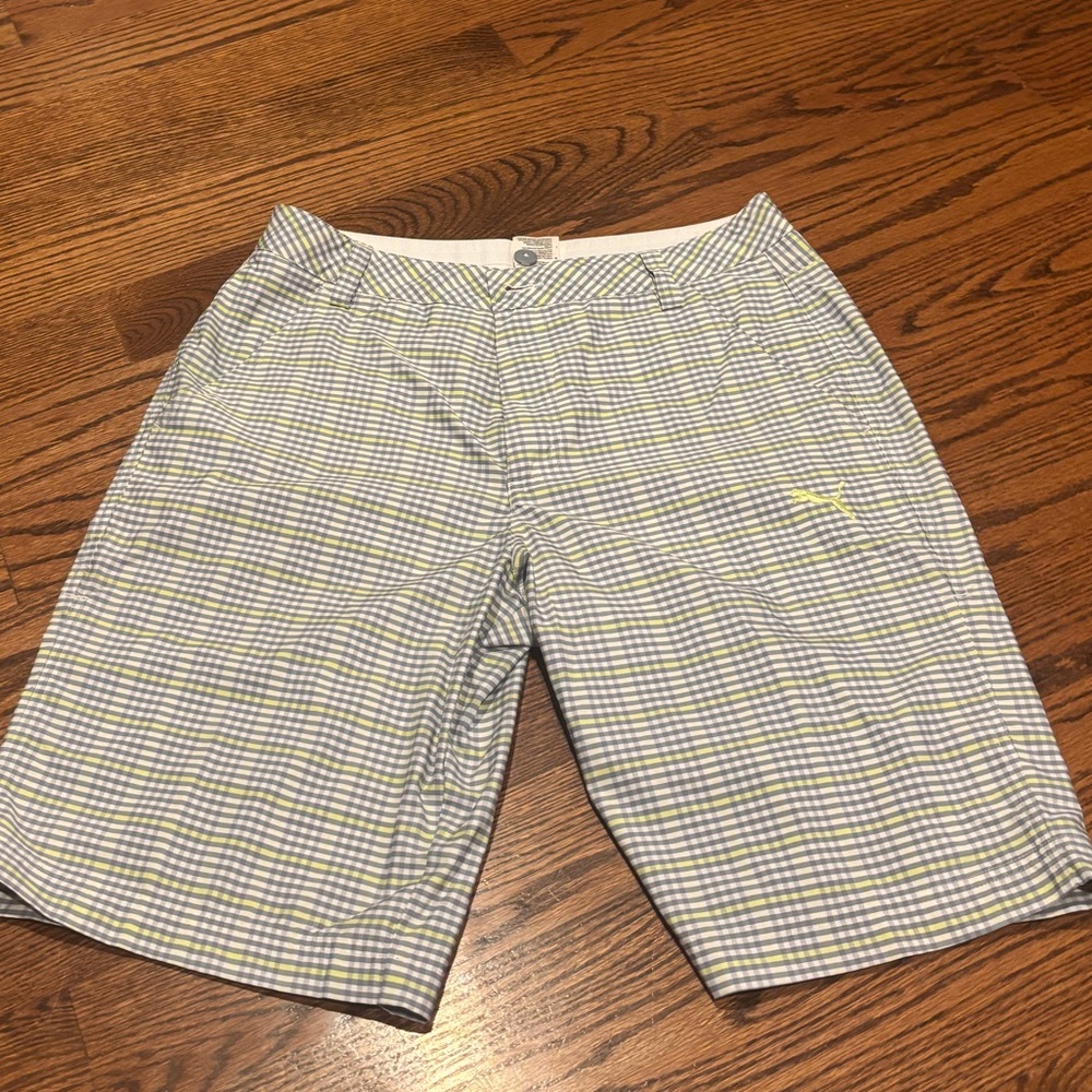 Puma Men's Gray and Yellow Checkered Shorts